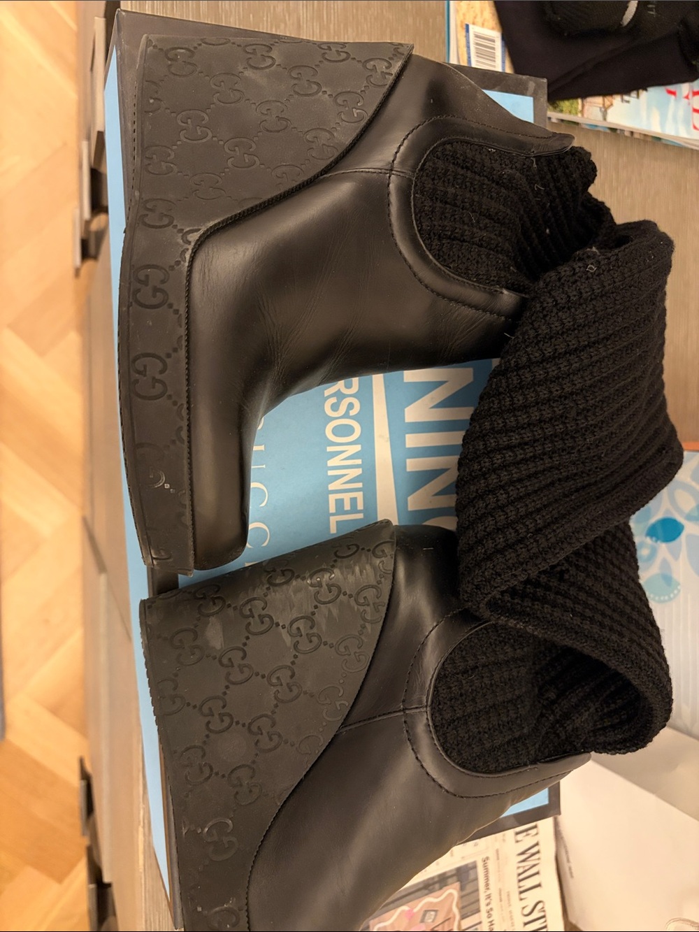 Gucci Guccissima Embossed Leather & Ribbed Knit Wedge Boots